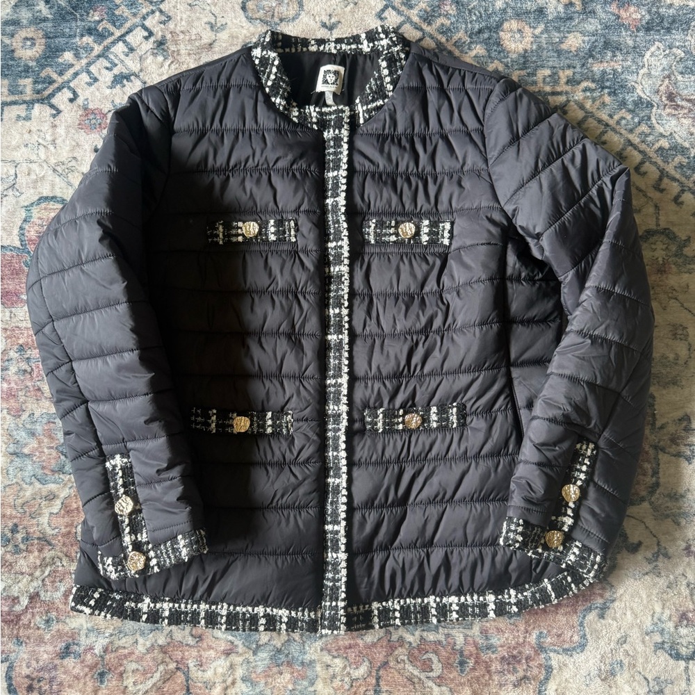 Anne Klein Black Quilted Jacket with Tweed Trim